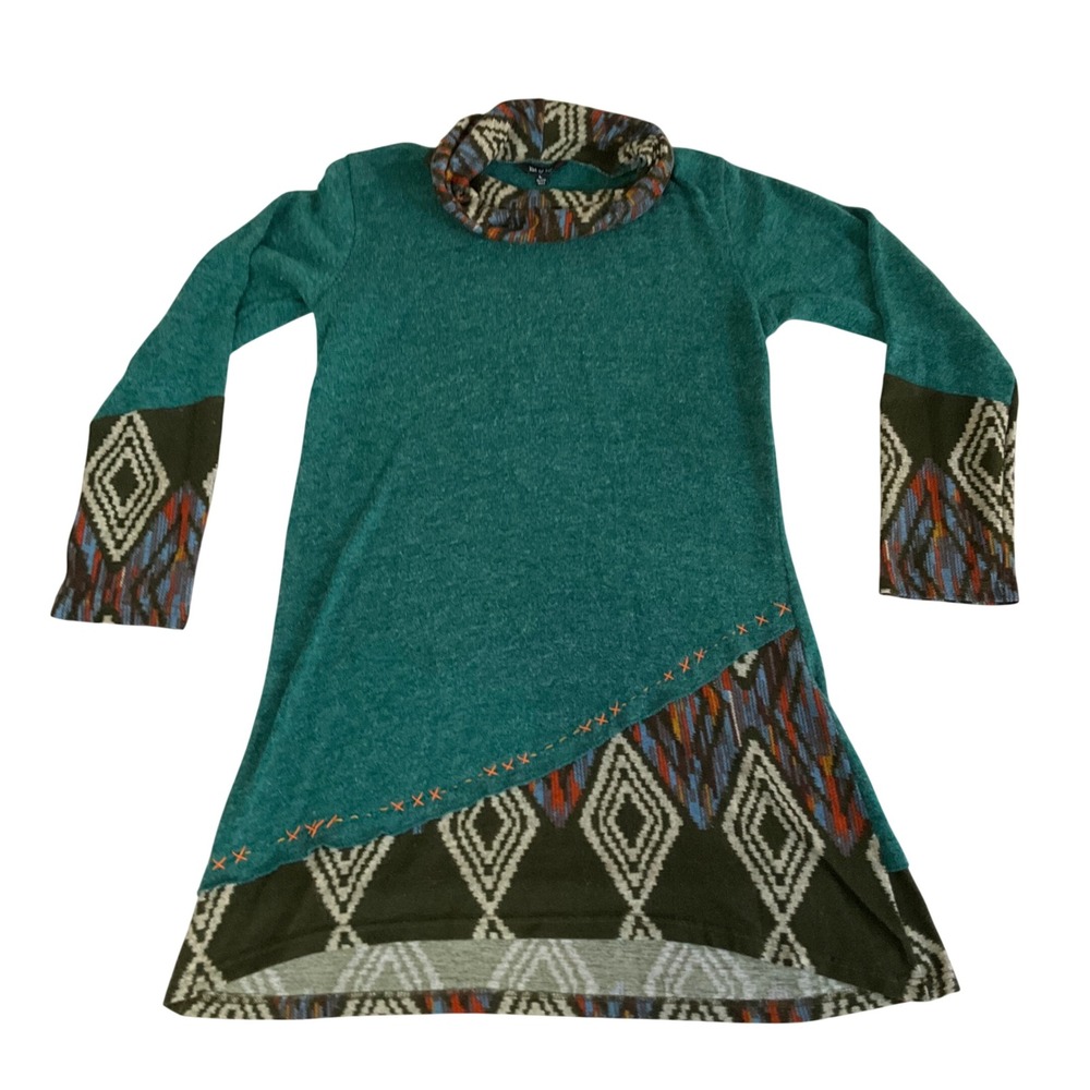 Yak & Yeti Tunic Top Womens L Teal Geometric Boho Cowl Neck Long Sleeve